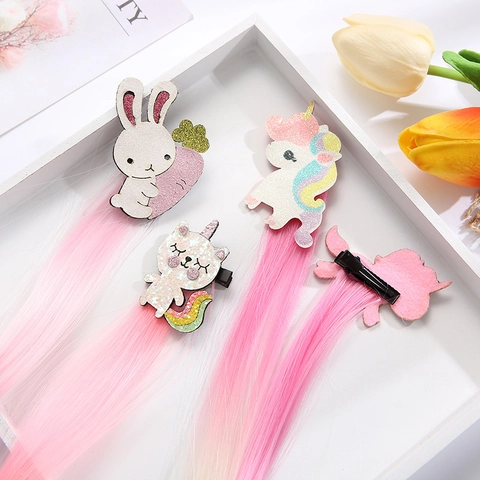 Kinderen Cartoon Eenhoorn Haarclips Met Lange Kleurrijke Gradiënt Synthetische Haar Extensions Glitter Pailletten Voor Meisjes