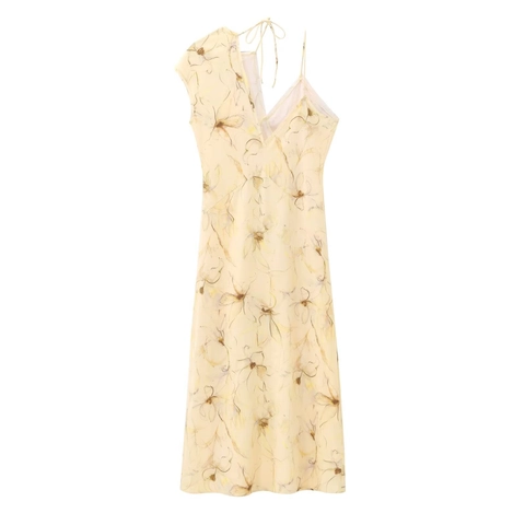 Floral Print Halter Neck Backless Slit Maxi Dress Spaghetti Strap Tie Back Polyester Elegant Summer For Women