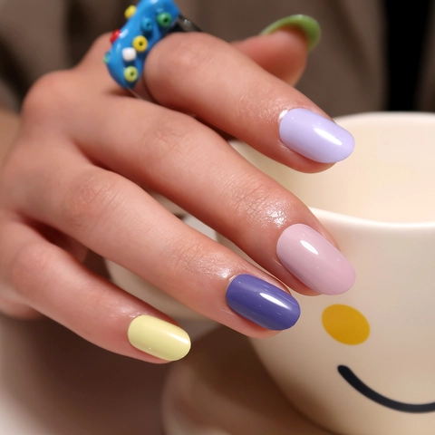 Glossy Press On Nails Full Cover Macaron Solid Color Square Round Manicure Art For Women Simple Fresh Style