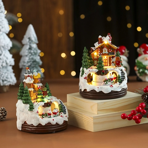 Weihnachts Musikornament Rotierender Zug Lebkuchenhaus Harz LED Leuchtend Schneeszene Desktop Dekoration Feriengeschenk