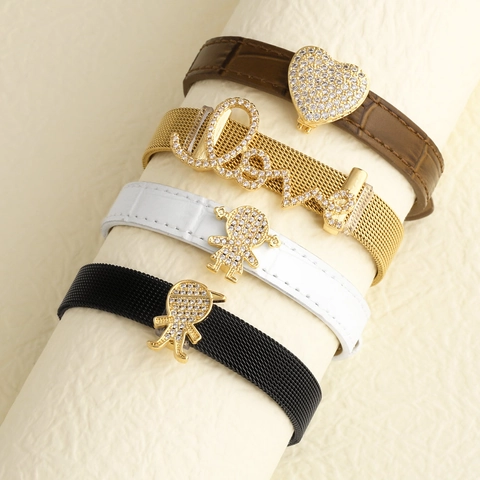 DIY Charme Armband Edelstahl Netzband Echtleder Riemen Vergoldet Zirkon Herz Liebe Junge Mädchen Modeschmuck