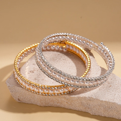 Mehrlagiges Wickelarmband Legierung Künstliche Perle Strass Spirale Manschette Elegant Vintage Schmuck Für Damen