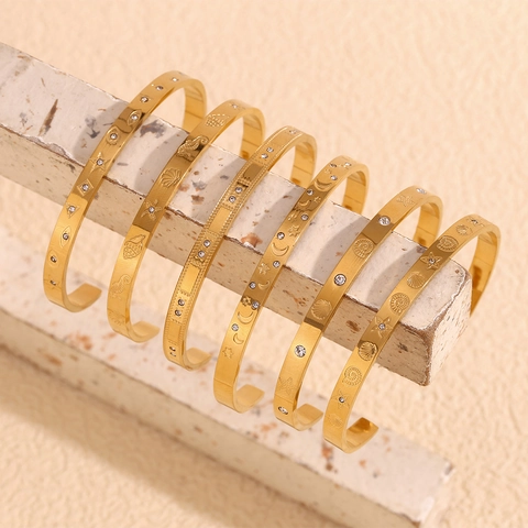 Bracciale Rigido Aperto In Acciaio Inossidabile Placcato Oro 18K Motivo Oceano Stella Marina Luna Strass Gioielli Donna