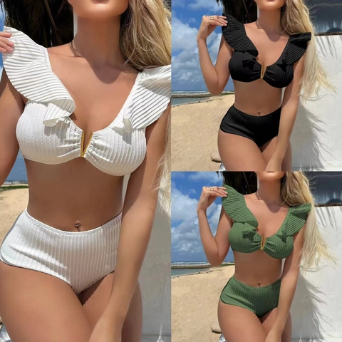 Ruffle Bikini High Waist Ribbed Polyester Swimsuit Beachwear With Metal V-Decoration Solid Color For Women