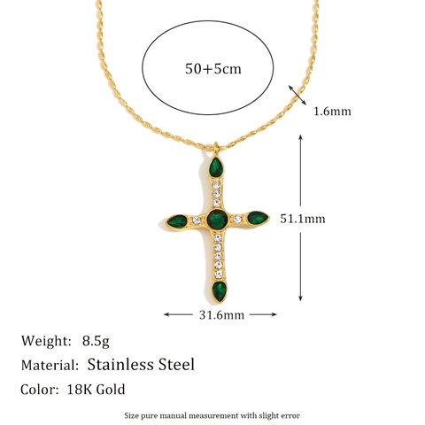 Collana Con Pendente A Croce Acciaio Inossidabile Zirconi Verdi Bianchi Vintage Stile Francese Gioielli Placcati Oro Donna