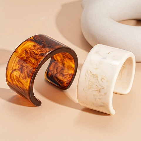 Brazalete De Resina Vintage Patrón De Mármol Carey Geométrico Abierto Ancho Joyería Para Mujeres Estilo Elegante
