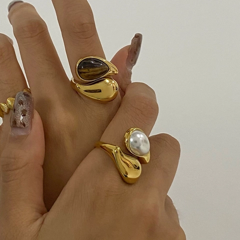 Stainless Steel Gold Plated Ring Teardrop Artificial Pearl Tiger Eye Turquoise Geometric Adjustable Open Fashion Jewelry For Women