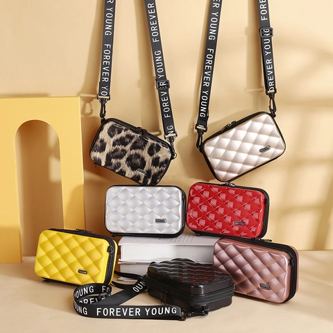 Mini Suitcase Shape Crossbody Bag Hard Shell Textured Portable Travel Shoulder Bag For Women Wide Letter Print Strap