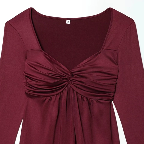 Camiseta Casual de Mujer con Cuello en V y Nudo Delantero Manga Larga Color Vino Tinto Moda Callejera Ajuste Estrecho Top de Poliéster para Primavera Otoño