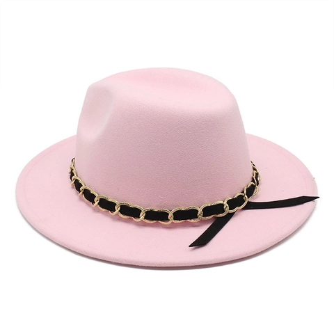 Vintage Fedora Hat Wool Felt Wide Flat Brim Gold Chain Decoration British Style Jazz Cap Unisex Elegant