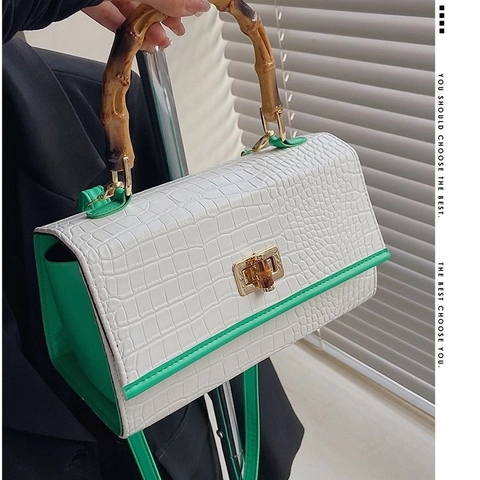 Sac À Main Vintage En Simili Cuir Crocodile Avec Poignée En Bambou Serrure À Torsion Sac À Bandoulière Pour Femmes