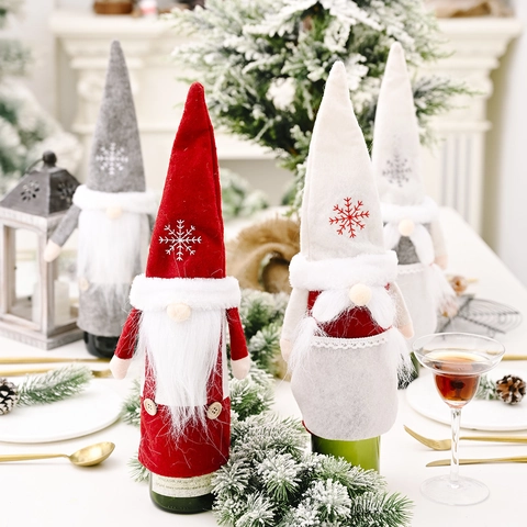 Christmas Wine Bottle Cover Gnome Faceless Old Man Decoration Snowflake Embroidery Faux Fur Beard Nordic Tomte Party Decor