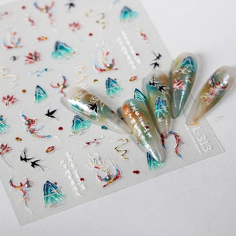 Autocollants Art Des Ongles Gaufrés Style Chinois Paysage Phénix Design Auto-adhésifs Décalcomanies Relief Pour Femmes DIY Beauté