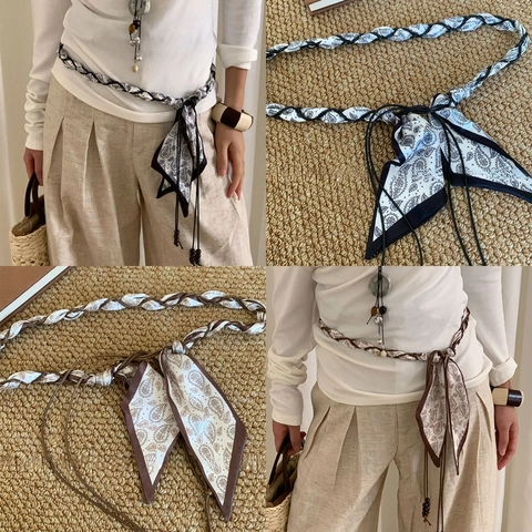 Cintura A Catena In Vita Con Sciarpa Di Raso Paisley Bohemien Perline Di Legno Intrecciate Accessori Decorativi Etnici Per Donna