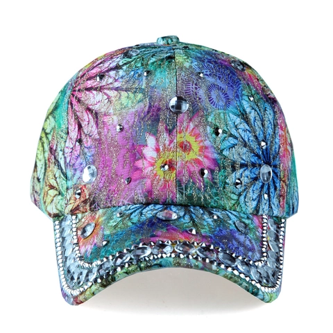 Women Rhinestone Baseball Cap Floral Print Cotton Sparkly Adjustable Sun Hat Outdoor Fashion Bling Colorful Headwear