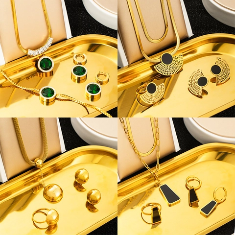 Stainless Steel Jewelry Necklace Earrings Ring Bracelet Women Gold Plated Emerald Green Gemstone Artificial Pearl Shell Geometric