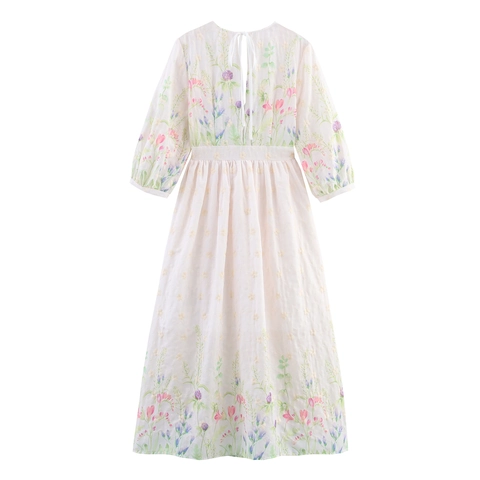 French Sweet V Neck Floral Embroidery Maxi Dress Polyester Lantern Sleeve High Waist For Women Elegant