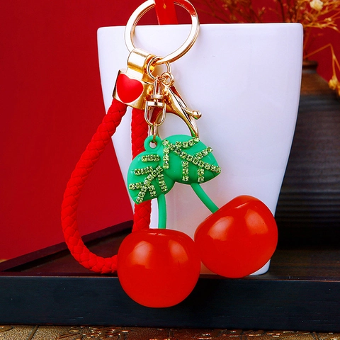 Portachiavi Creativo con Ciliegia di Frutta Simulata Ciondolo in Resina e Metallo con Strass per Borsa Donna Ornamento di Moda Regalo