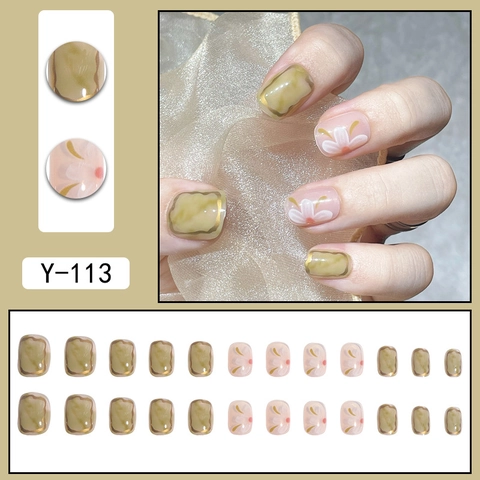 Short Press On Nails Artificial Fake Nail Tips Green Marble Amber Pink Flower Square Round Detachable Reusable Women DIY Manicure