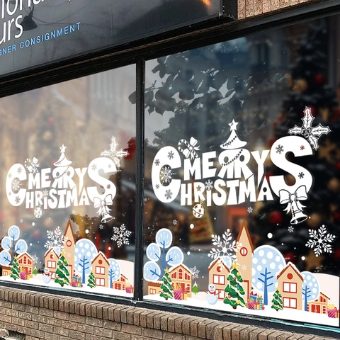 Christmas Window Stickers Static Cling Merry Christmas PVC Snowman House Snowflakes Double Sided Glass Decor