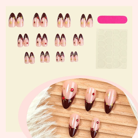 French Weinrot Mandel Press On Nails Strass Gold Stern Dekor Künstliche Nägel Für Frauen Elegant