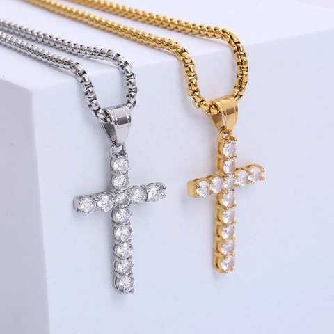 Collana Con Pendente A Croce Hip Hop Acciaio Inossidabile Placcato Oro Zirconia Cubica Incastonata Catena Box Gioielli