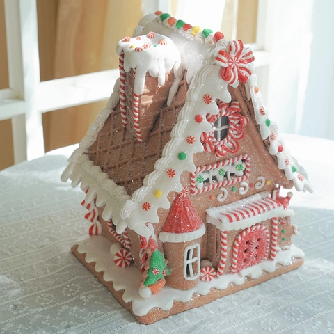 Adorno Casa De Jengibre Navidad LED Iluminado Arcilla Polimérica Miniatura Casa Caramelos Decoración Mesa