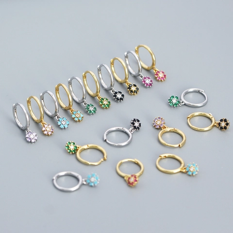925 Sterling Silber Blumen Creolen Bunte Zirkonia Zierliche Kleine Charms Schmuck Für Frauen