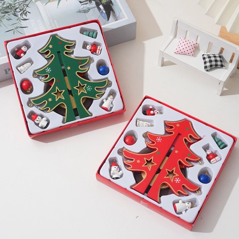 Miniature Wooden Christmas Tree DIY Desktop Ornament Hand Painted With Small Pendants Festive Home Holiday Decor