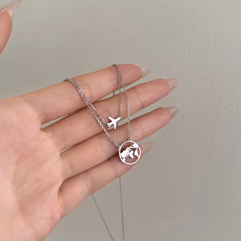 Collar de Doble Capa de Plata de Ley 925 para Mujer Colgante de Avión Minimalista Mapa del Mundo Hueco Joyería de Viaje