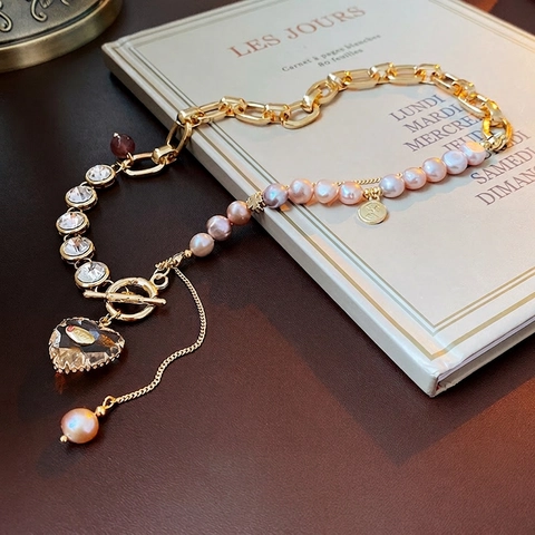 Collar Con Colgante De Corazón Elegante Con Perlas De Agua Dulce Y Cristal De Strass Cadena De Eslabones Joyería Asimétrica