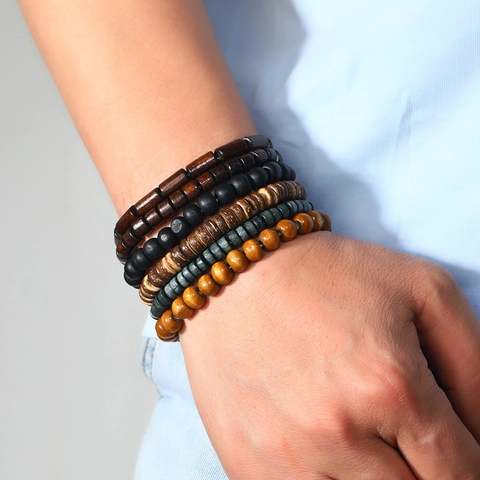 Men Vintage Multi Layer Wood Bead Bracelet Set Handmade Coconut Shell Beaded Wrap Bracelets Retro Ethnic Fashion Jewelry