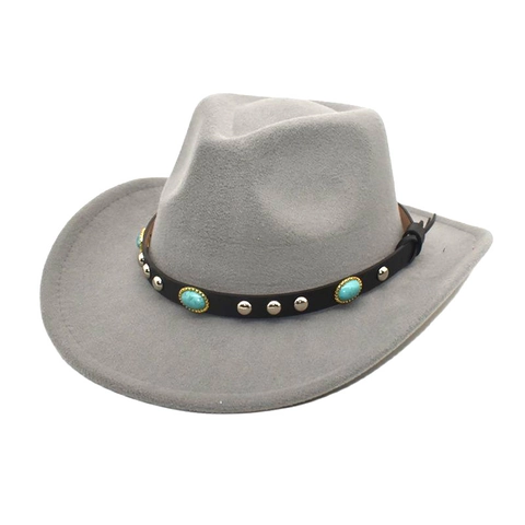 Western Cowboy Hat Cotton Polyester Wide Brim With Turquoise Leather Belt Rivets Ethnic Fedora For Men Women