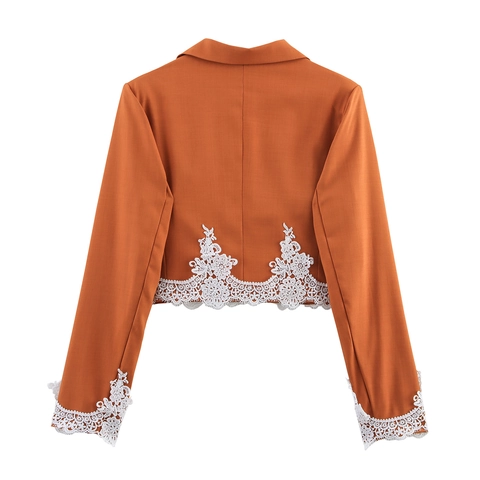Women Short Blazer Jacket Elegant Lace Patchwork Orange Long Sleeve Lapel Commute Polyester Outerwear With Single Button