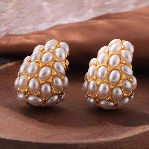 Vintage Teardrop Cluster Earrings For Women With Imitation Artificial Pearl 18K Gold Plated Titanium Steel Elegant Retro Jewelry