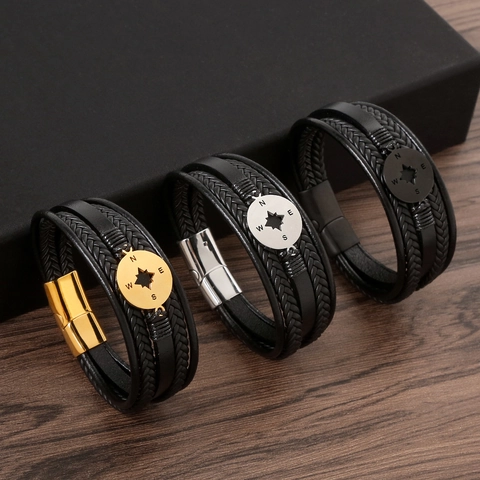 Bracciale Da Uomo In Pelle Intrecciata Multistrato Pendente Bussola Acciaio Inossidabile Chiusura Magnetica Gioielli Punk