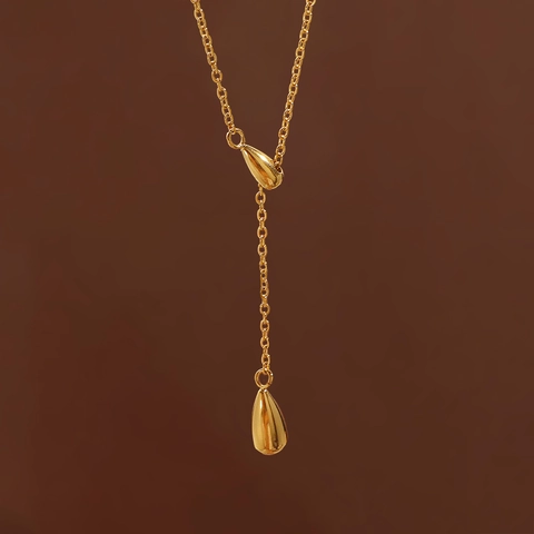 Titanium Steel Teardrop Y-Shaped Adjustable Pull Necklace For Women Minimalist Gold Color Water Drop Pendant Clavicle Chain Jewelry