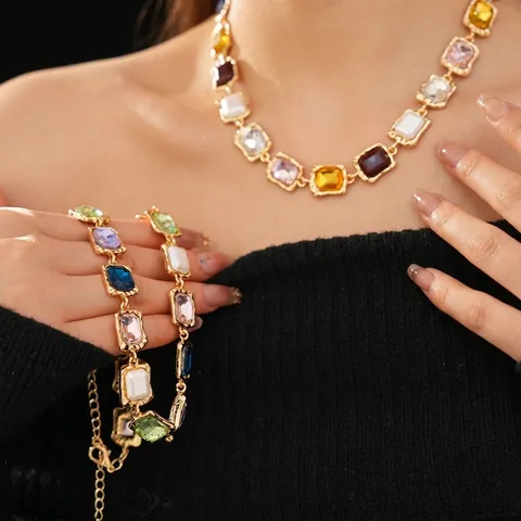 Collana Strass Quadrata Vintage Lega Pietra Preziosa Artificiale Colorata Lusso Geometrico Catena Clavicola Gioielli