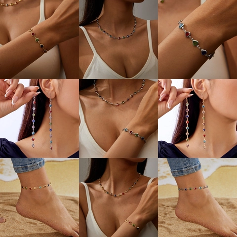 Sweet Colorful Heart Rhinestone Alloy Bracelet Necklace Earrings Anklet Set Fashion Jewelry For Women Vacation Party