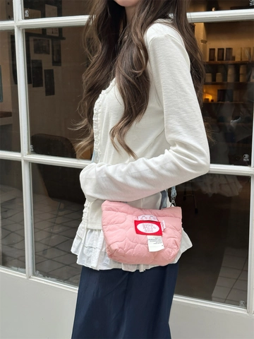 Mini Crossbody Bag Women Quilted Heart Pattern Polyester With Denim Straps Small Handbag Kawaii Fresh Streetwear Style