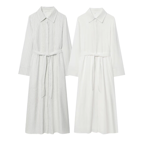 Women Long Sleeve Shirt Maxi Dress Belted High Waist Elegant Button Down Striped Solid Polyester Casual