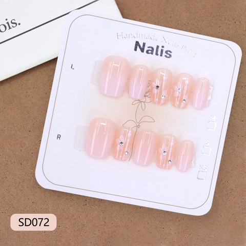 Pink White Gradient Ombre Press On Nails Hand Painted Flowers Rhinestone ABS Elegant Sweet Fake Nails For Women