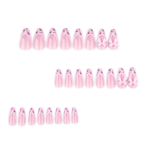 Almond Shape Press On Nails Pink French Style Strawberry Pattern With Three Dimensional Bow Resin Decorative Sweet Fake Nails