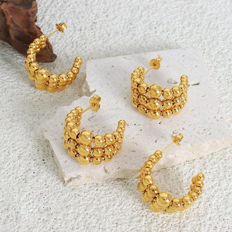 Pendientes De Aro En Forma De C Con Tres Filas De Cuentas Acero Inoxidable Pulido Chapado En Oro Joyas Para Mujer