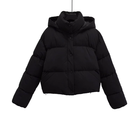 Women Short Puffer Jacket Hooded Cotton Padded Coat Solid Color Long Sleeve Casual Windproof Warm Outerwear