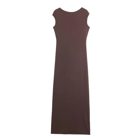 Maxi Kleid Ärmellos Gerafft Rückenfrei Elegant Kaffeebraun Sexy Mit Goldener Rose Metallkette Für Damen