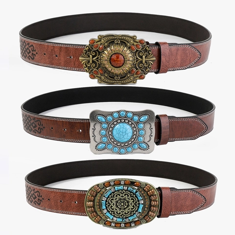 Vintage Dames PU-leren Riem Met Embossed Bloemenpatroon Decoratieve Grote Western Gesp Kunstmatige Steen Inlay Taille