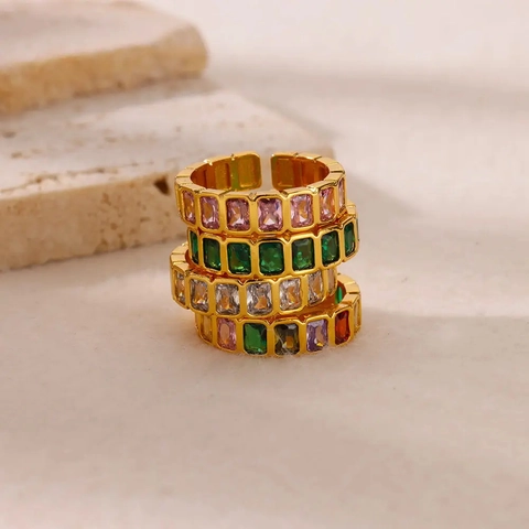 Bunter Baguette Zirkonia Offener Ring Vergoldetes Kupfer Geometrisch Verstellbarer Schmuck Geschenk Für Damen
