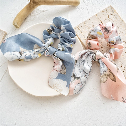 Scrunchie In Raso Floreale Con Fiocco A Orecchie Di Coniglio Elastico Per Capelli Nodo Accessorio Per Donna Ragazza Elegante