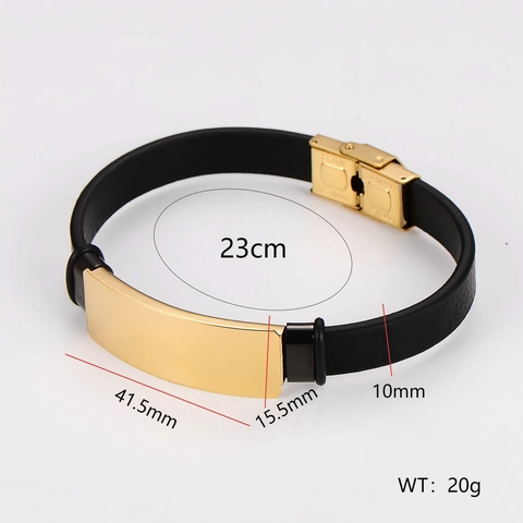Leather Bracelet For Men With Polished 304 Stainless Steel Metal Plate Minimalist Style Wristband Jewelry